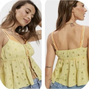 American Eagle Outfitters Tie-Front Camisole Top Eyelet Tank Blouse MED Yellow